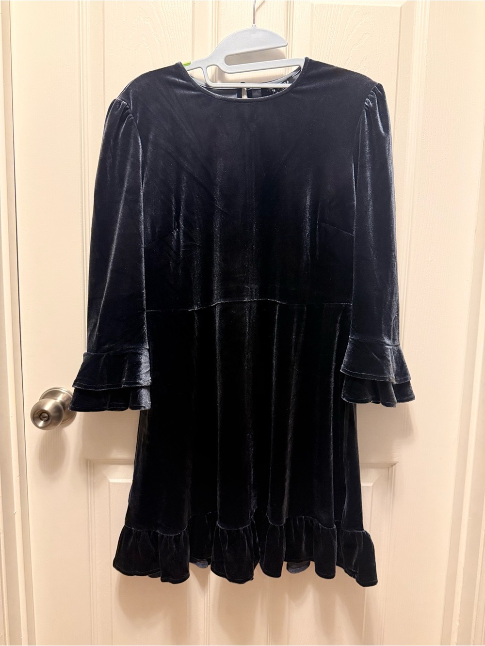 Black Velvet Long-Sleeve Ruffle-Hem Dress